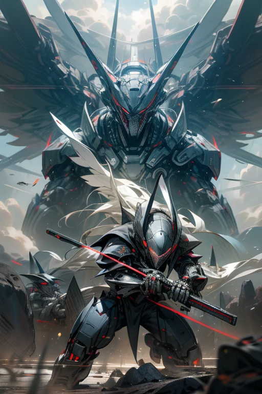 ((Best Quality)),(Humanoid robot),(Under attack),Rifle possession,glowing light eyes,The highest image quality,Sharp-edged design,独奏,dynamic ungle,giant mechanical wings,Dark clouds in the sky,In flight,red eyes,ARMORED CORE,No humans