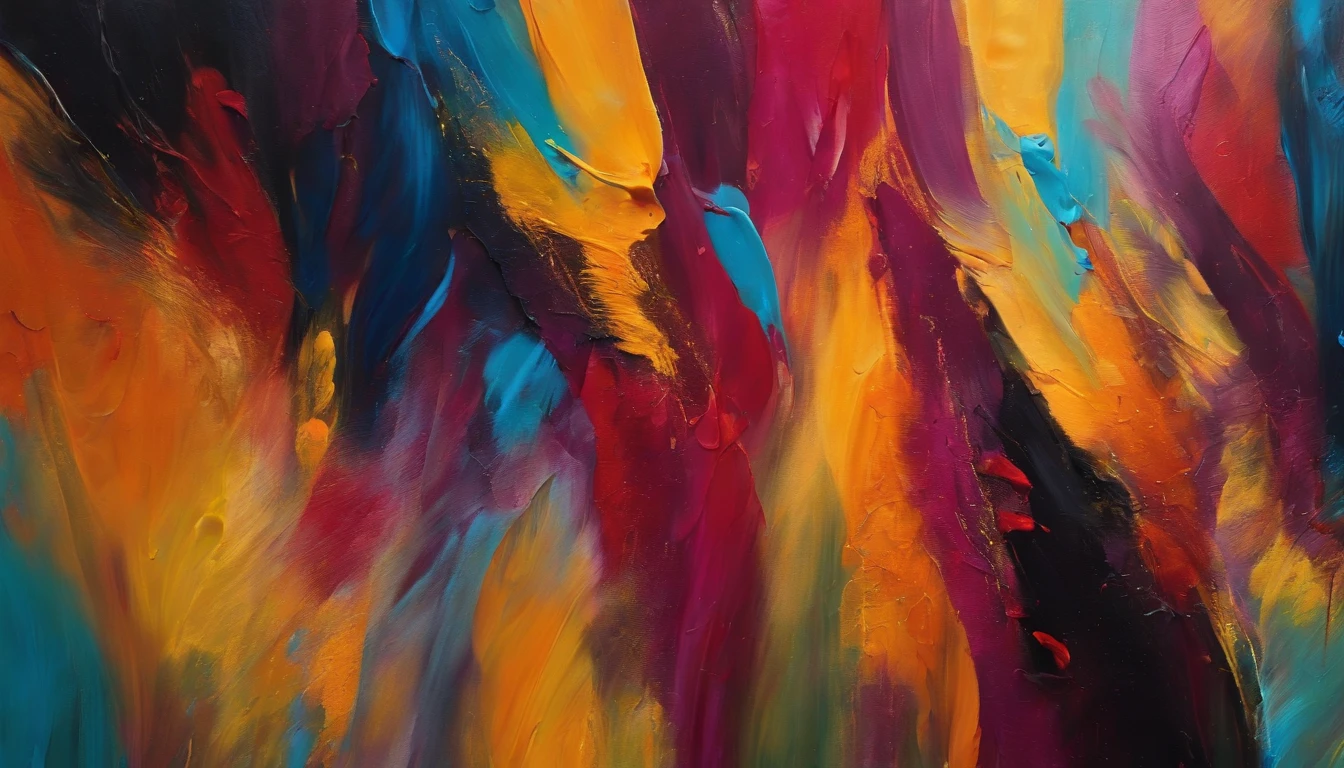 a close-up shot of a vibrant abstract painting, showcasing the bold brushstrokes and contrasting colors that create a visually striking background