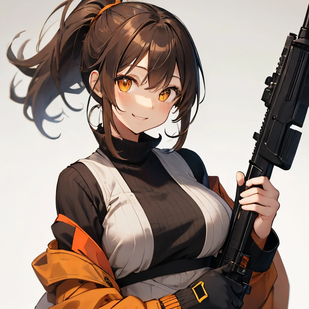 【Highest Quality, masutepiece】 [girl, Manteau, expressioness,deep orange eyes, front facing,dark brown hair,long ponytail hair,full yellow knit cloth, Happy, Upper body] (Gray white background:1.2),very happy smile,boobs,gun,