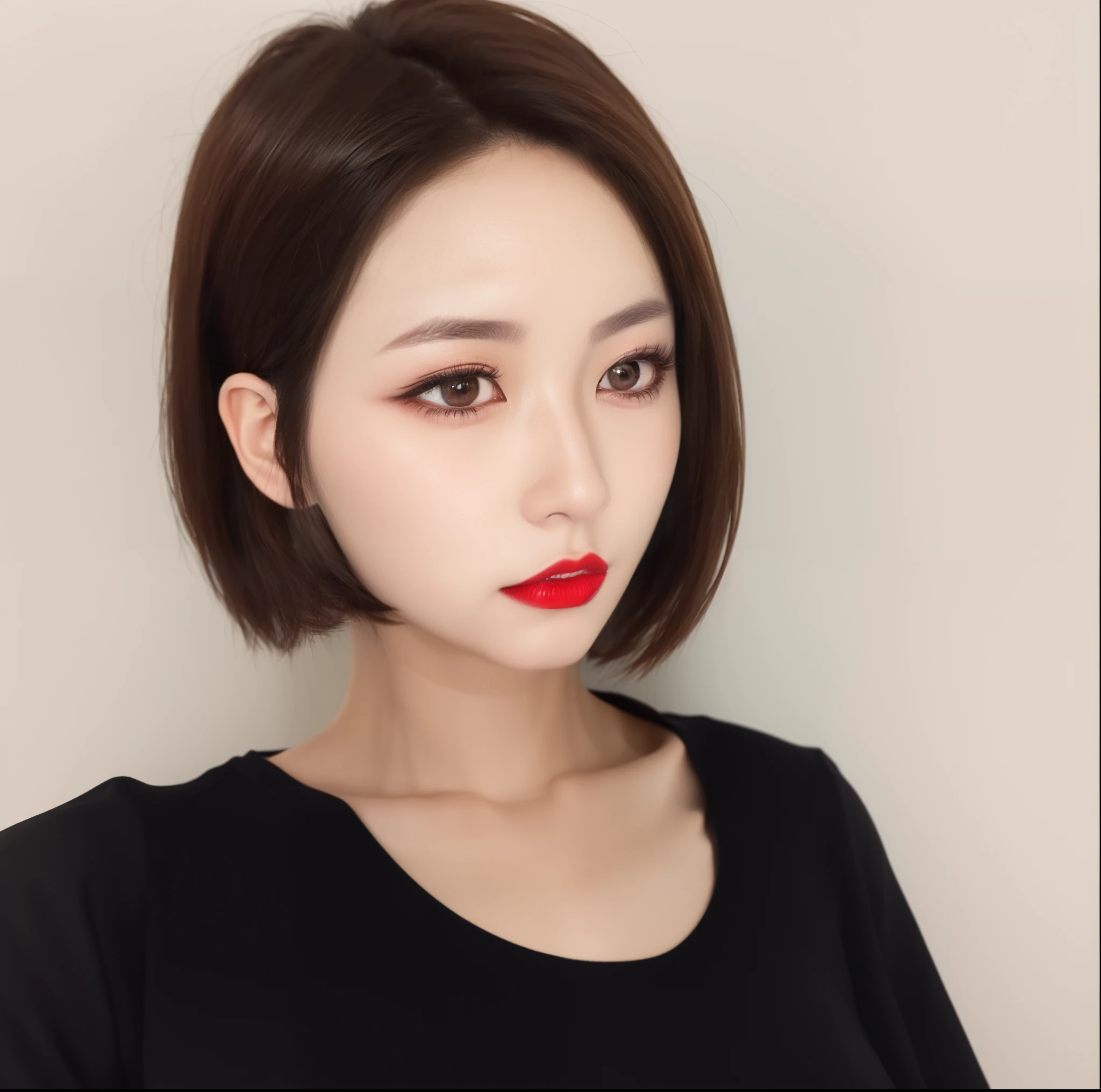 Close-up of a woman in a black shirt and red lipstick, short detailed hair, with a round face, face artgram, Inspired by Shen Si Zheng, realistic anime 3D style, Inspired by Ma Yuanyu, realism art style, Accurate face, [ number art ]!!, Ito Shinsui, single reality face, Korean symmetrical face