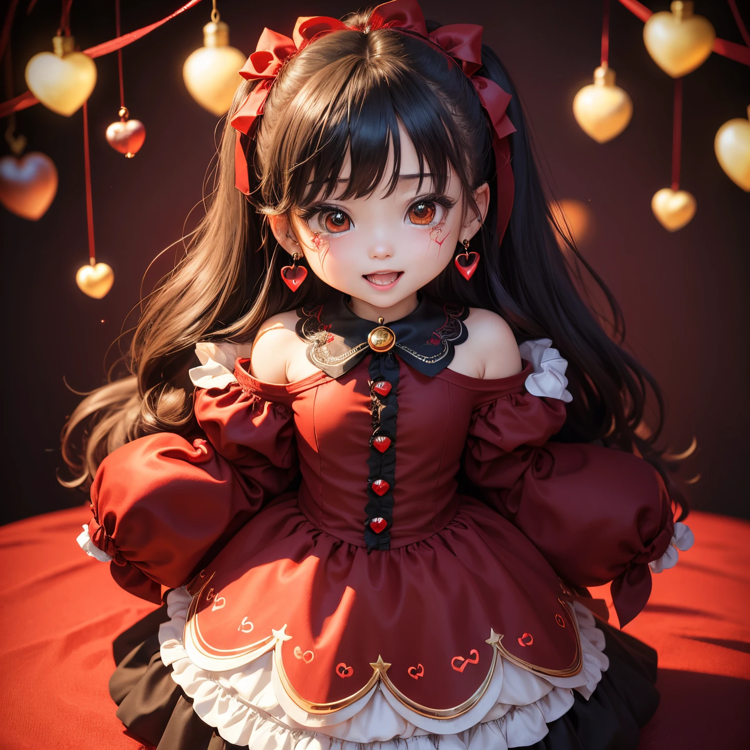 ​masterpiece、top-quality、ultra-detailliert、(Chibi Chara's Daughter:1.2)、(red-color heart motif earrings:1.3)、Black long-haired、Santa Claus Cosplay、Standing、Open your mouth and smile、illuminations