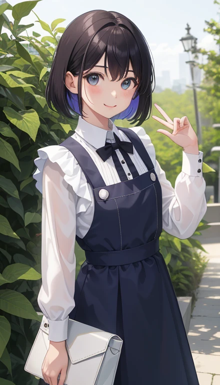 1girl em、AS-Adulto、um sorriso、A camisa、saia pelo、（Seios pequenos）、Doress、Pinafore、adornos de cabelo、（Empregadas）、Retrato da parte superior do corpo、
