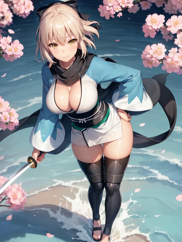 (extremely detailed CG), (best quality), perfect face, shiny skin, lustrous skin,wide hips,   1girl,solo , OkitaSouji,arm guards,wide sleeves,toeless legwear,bangs,obi, white kimono, shinsengumi, black thighighs, yellow eyes,thighhighs , short kimono, haori, black bow, black scarf, short hair, ahoge, scarf, blonde hair, hairbow,bow, kimono,japanese clothes,smile, hands on hips , large breast