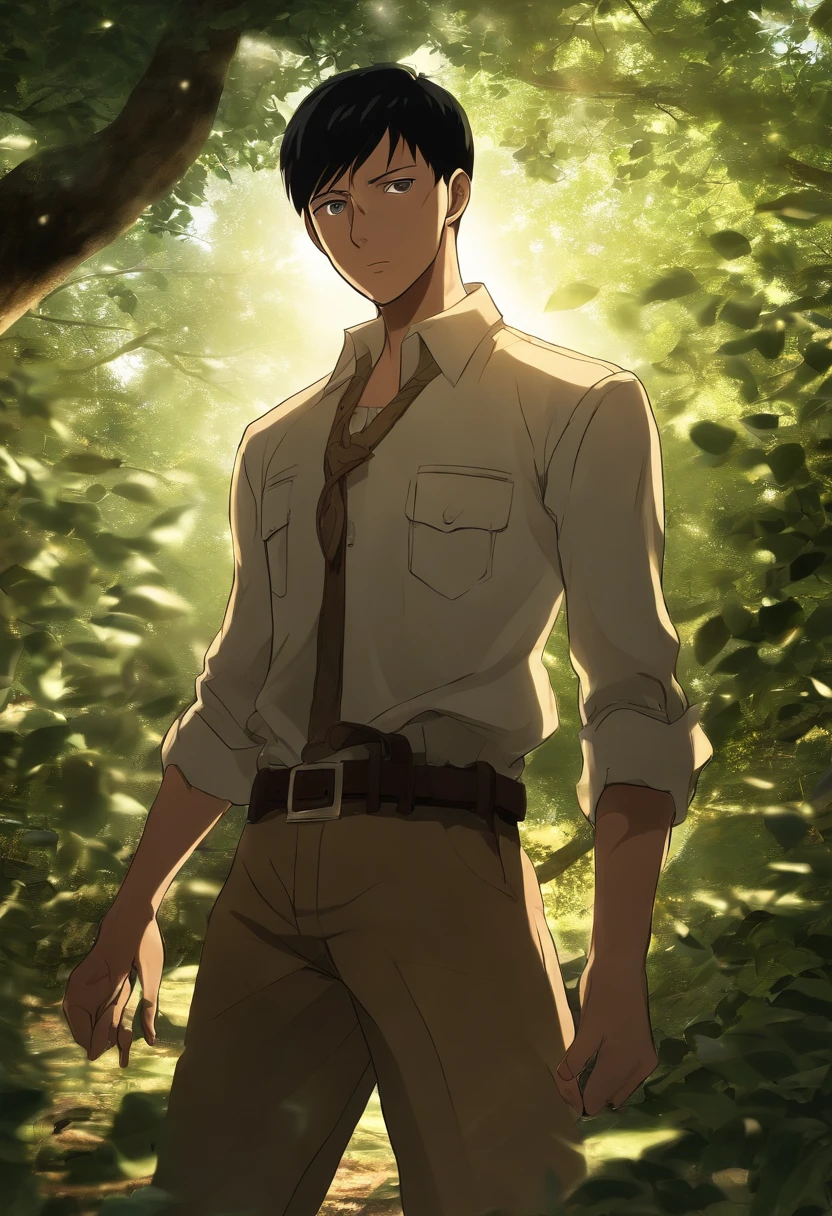 A photo of a sunbeam streaming through the leaves of a tree, casting dappled shadows on the ground.,Attack on Titan,Bertholdt is very tall with tan skin, a large nose, murky teal eyes, very short black hair with short M-shaped bangs. (Bertholdt Hoover from Attack on Titan), male