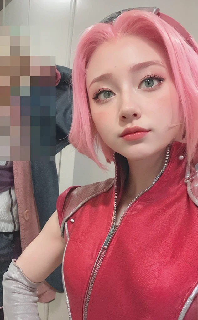 young woman, porcelain skin, long bubblegum pink hair, big pink lips, big emerald green eyes, pink eyebrows, red clothes, Sakura Haruno, 3d, realism, 8k