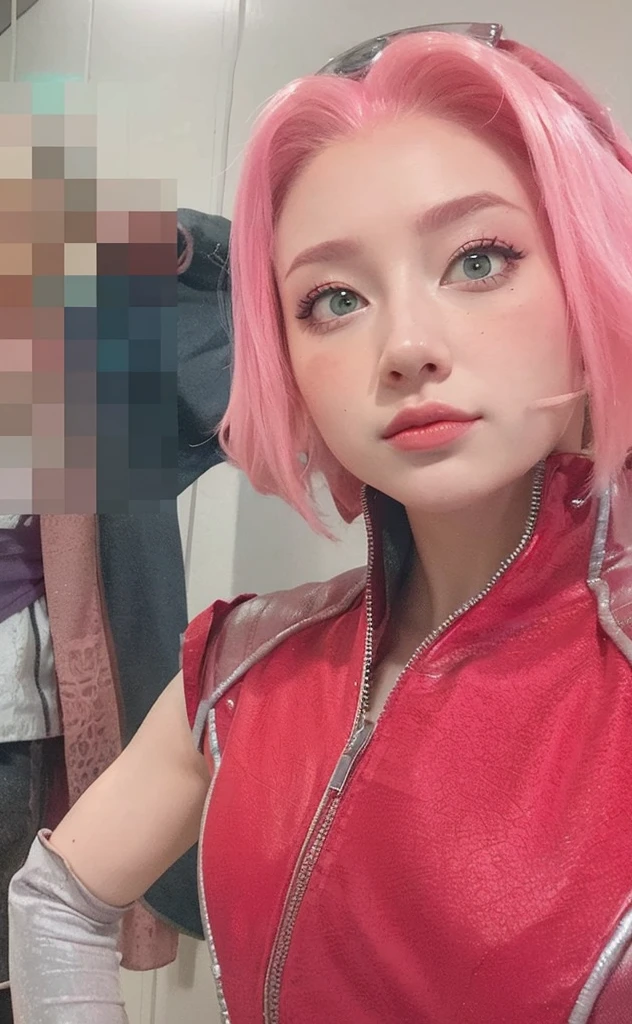 young woman, porcelain skin, long bubblegum pink hair, big pink lips, big emerald green eyes, pink eyebrows, red clothes, Sakura Haruno, 3d, realism, 8k