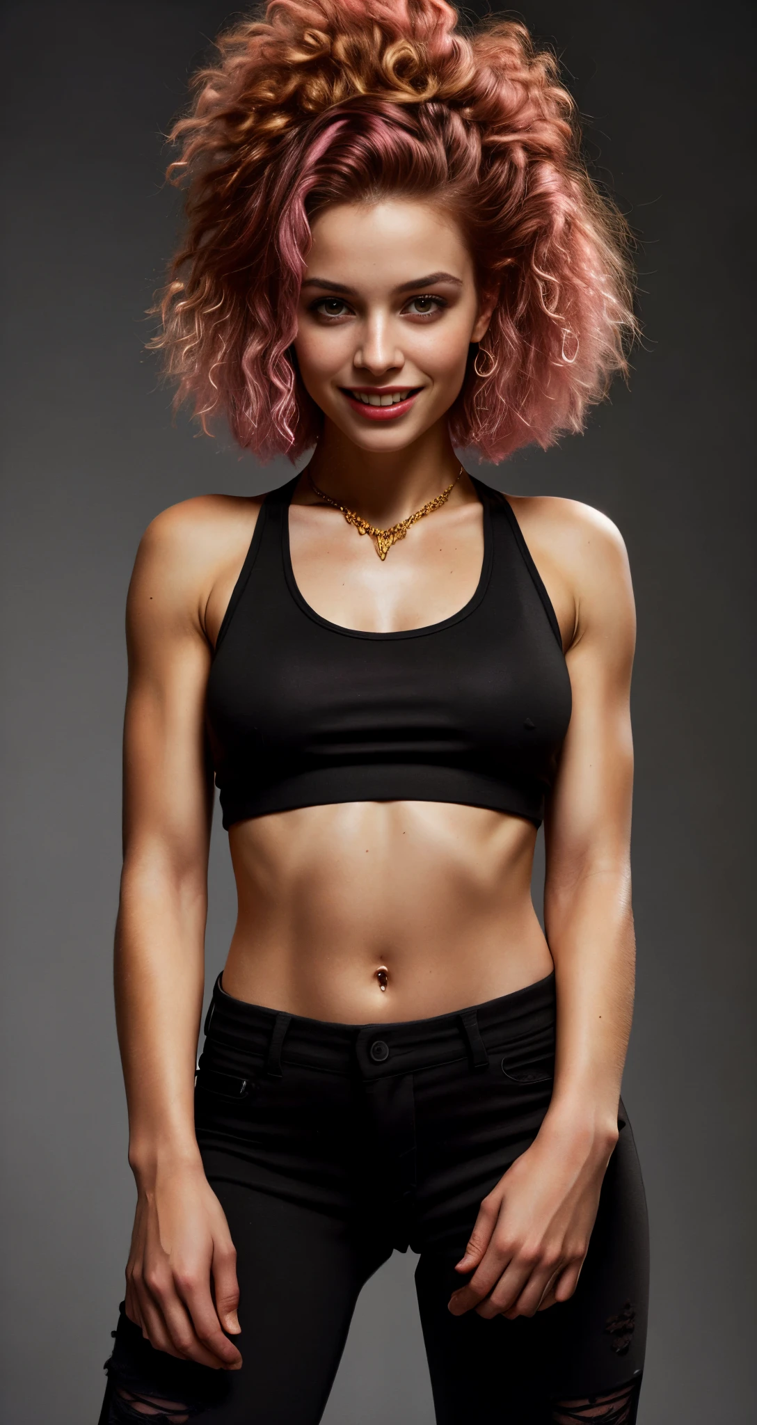 high contrast waist portrait of a russian model with shadow in her face, wearing (tight distressed black jeans:1.4), wearing a (tank top):1.2, pink hair, with a totally white background, gold oil painting background, plants, shine bright like a diamond, carving art, very high details, high quality , emotionally evocative, expansive strokes, atmospheric, dynamic, dramatic, best quality, best resolution, highly realistic, ruddy skin, beautiful, full lips, smiling, feeling of lightness and joy, hyperrealism, skin very elaborated, direct gaze