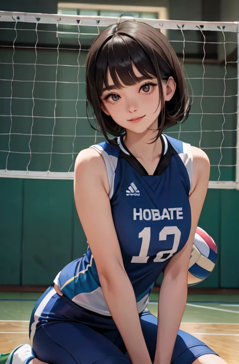 1senhora solo, /(Uniforme de Voleibol/), /(Cabelos castanhos escuros/) franja, corar leve sorriso, (obra-prima de melhor qualidade:1.2) Ultra-detailed delicate illustration, seios grandes BREAK /(indoor volleyball court/)
