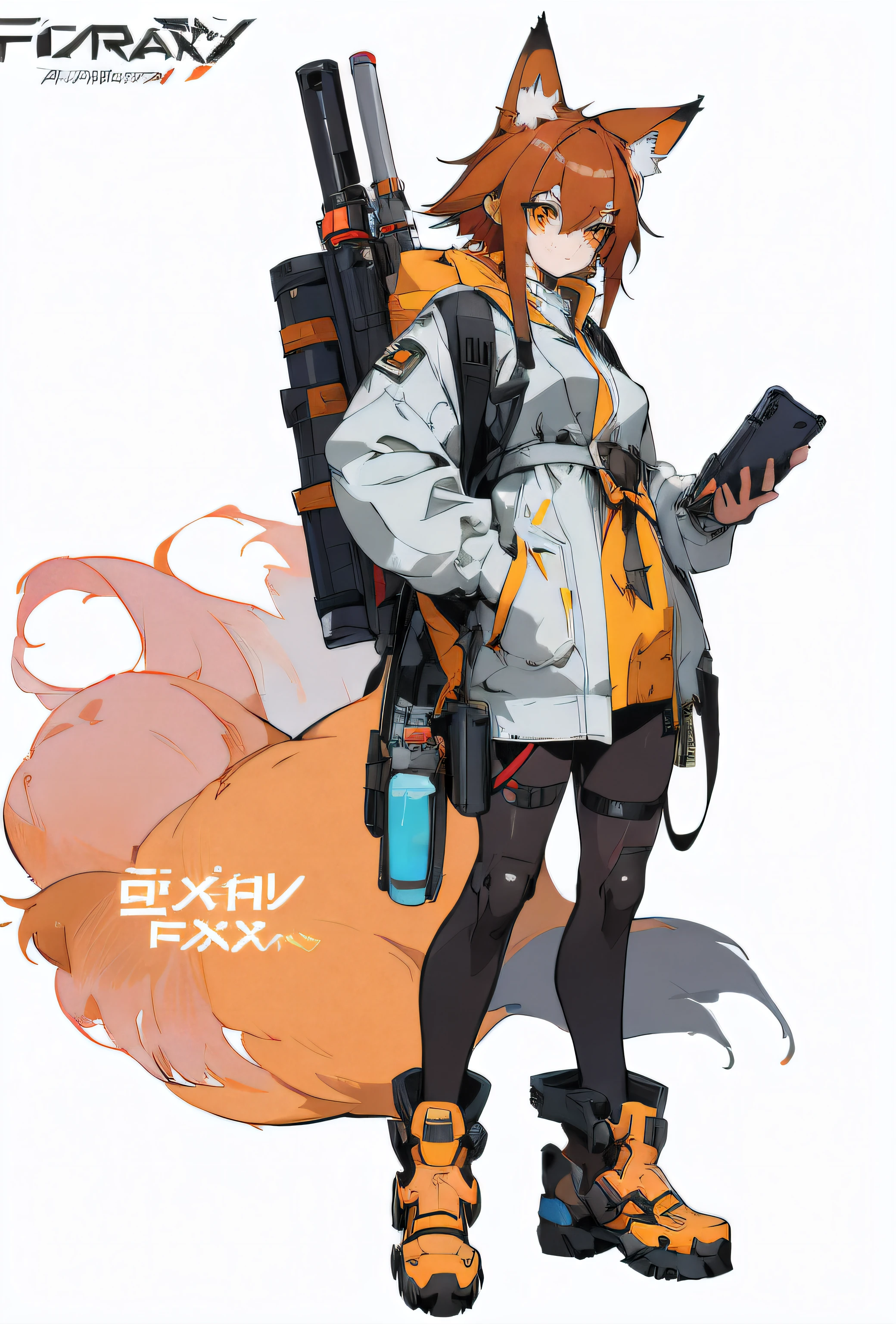 Anime character holding a gun,Put your tablet in your backpack, an anthropomorphic cyberpunk fox, girl fox, as an overwatch character, femele, as an overwatch character, full body concept, Official character art, fox scientist, ( ( Character concept art ) ), Full Body Committee, full body character concept, short full body portrait!
