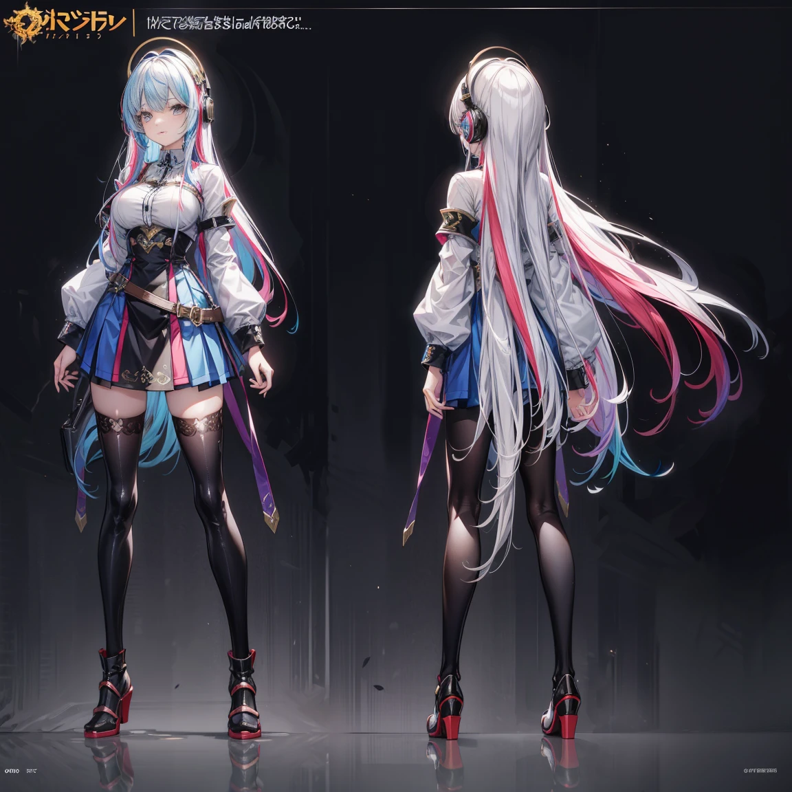 Character Sheets, Three types，Shot Full Body，Game Character Design，((Masterpiece, Highest Quality)), Detailed Face, Character Sheet, full - body, Full of Details, multiple poss and expressions, Highly detailed, depth, many details, 1girl, girl in a skirt and headphones, :3, , Long hair, Bangs,multi-colored hair, two tone hair, Gradient hair,