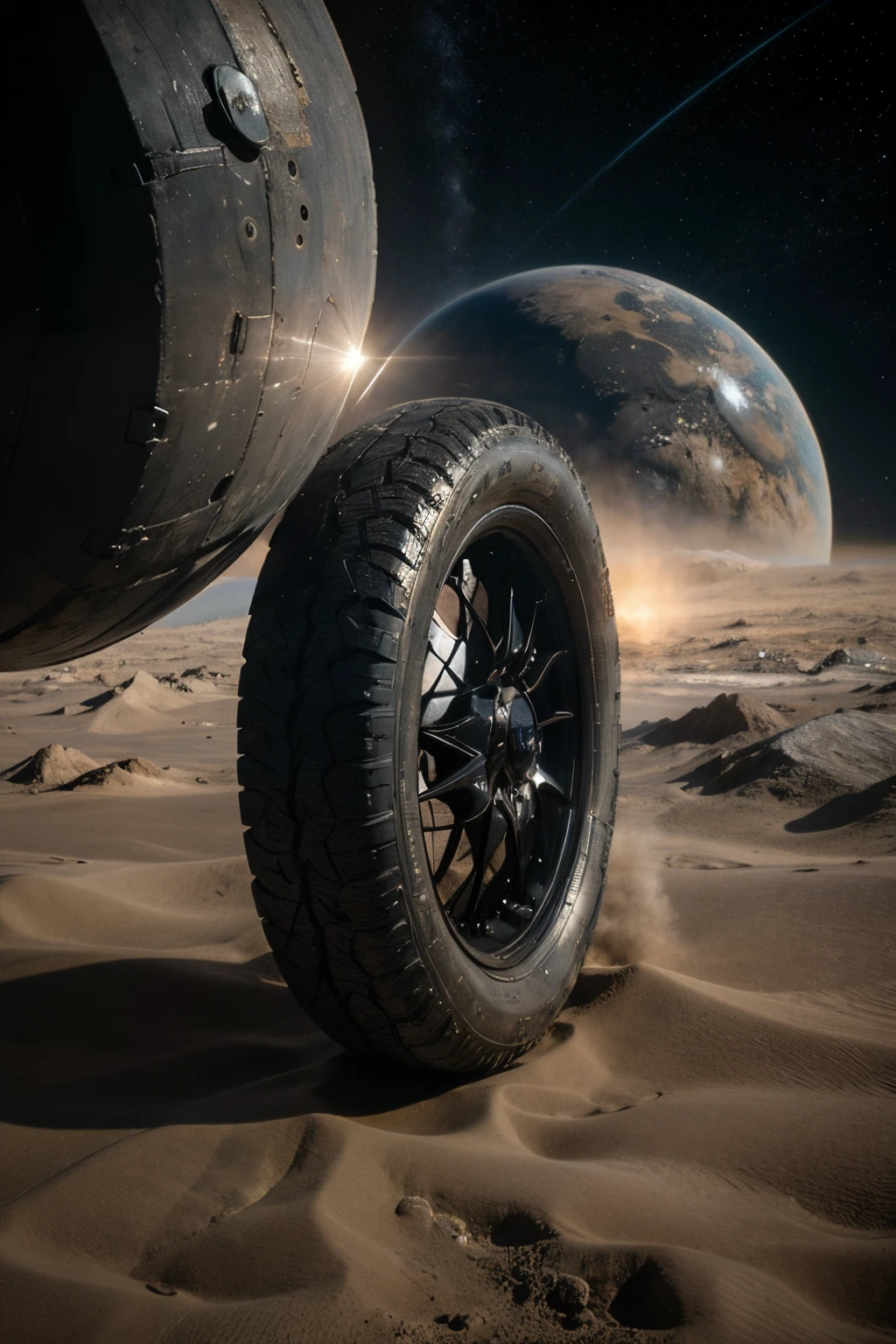((Best Quality)), ((Masterpiece)), (detailed), one clean tire, space background, Earth looks far away,