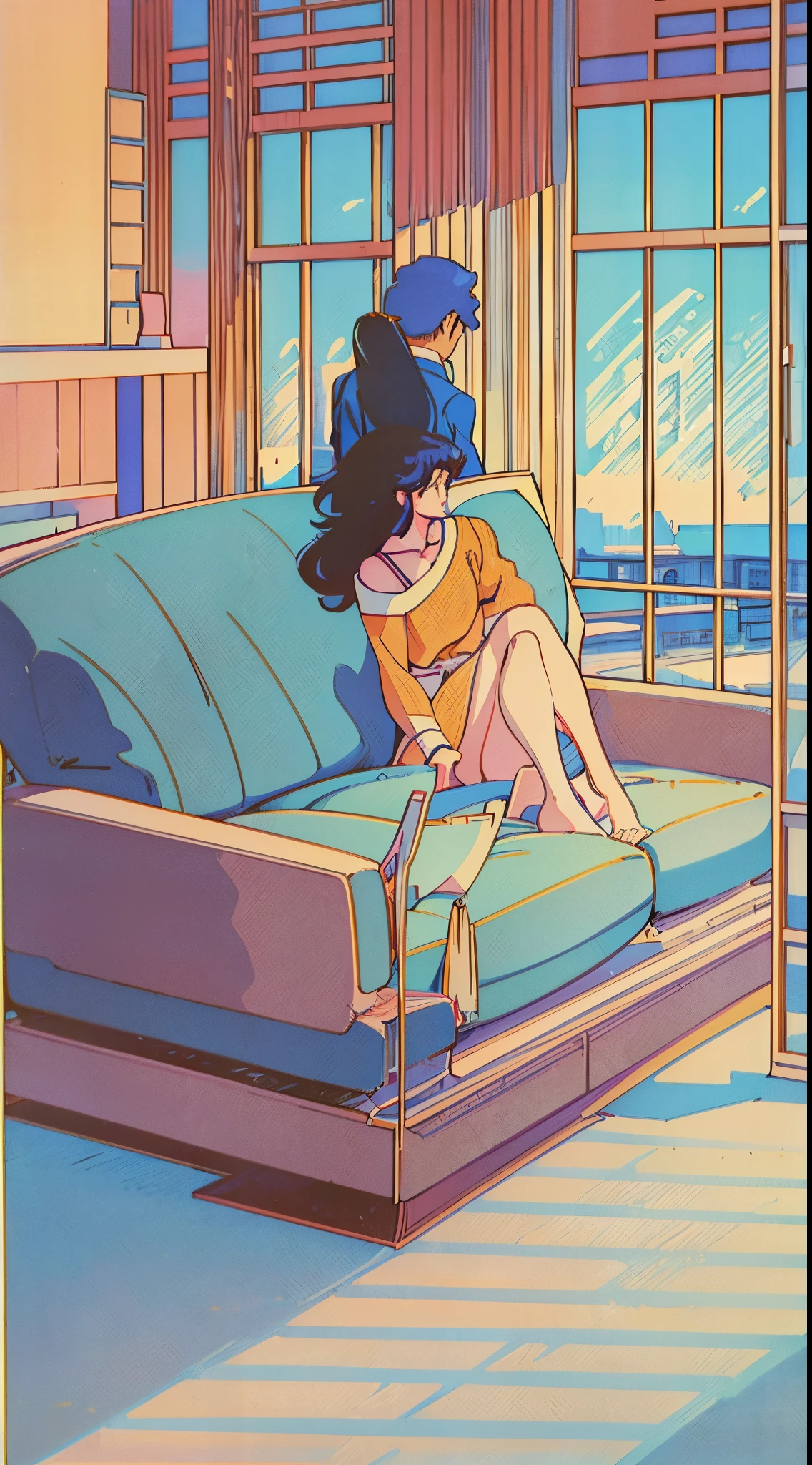 (((Hiroshi Nagai))),Faraway view,Modern and comfortable living room, There is a wall of windows, shores,Abstract,Resort,muted pastel colors,Soft Pictures,retro anime, 1990s anime, 1980s anime, retro anime,Retro anime style,masutepiece, Best Quality, Old School Anime, Beautiful anime