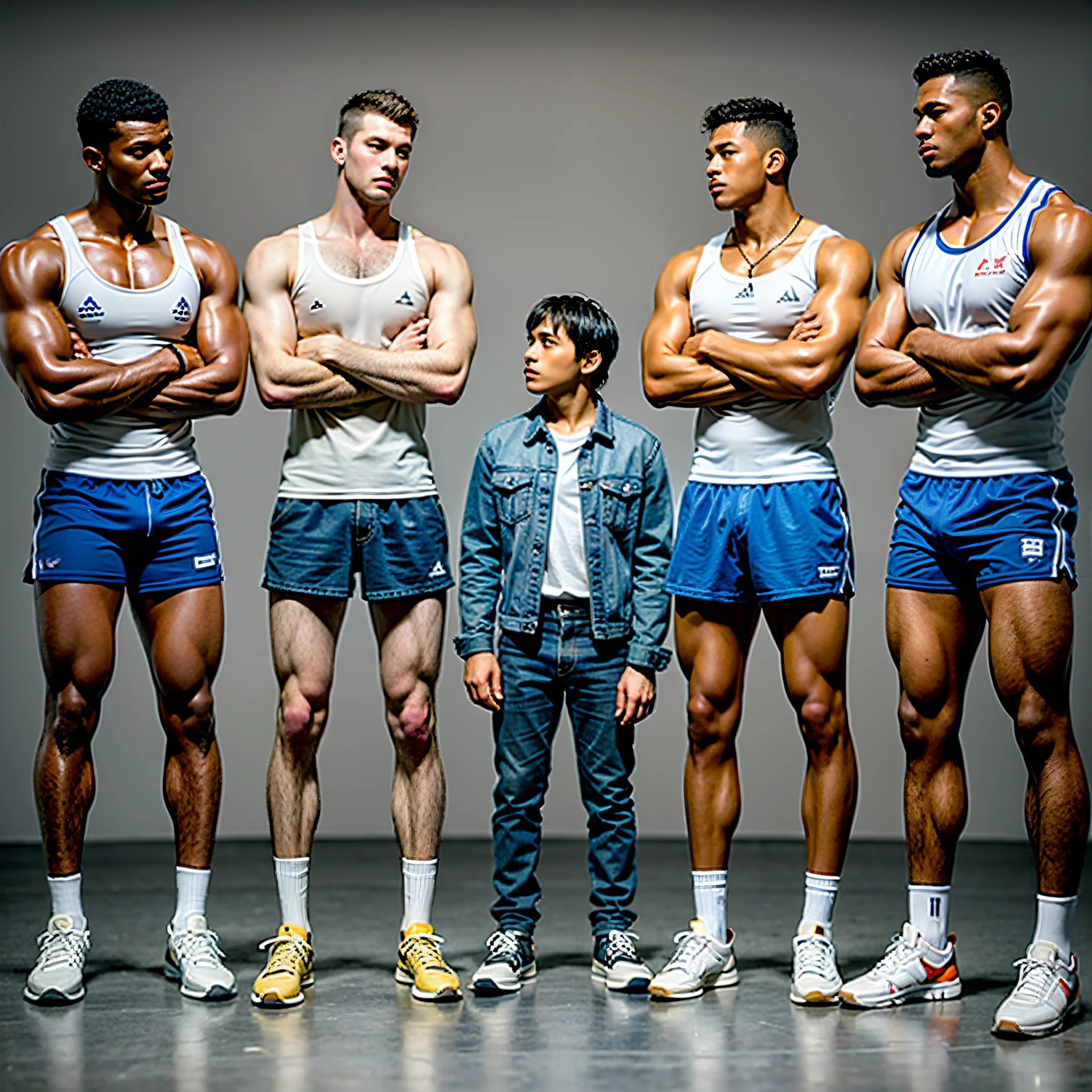 A very very short white Spanish afraid man with jeans and shirt, surrounded by four extremely tall very fit and muscular serious white German athletes in shirts and tanks staring at him, at gym