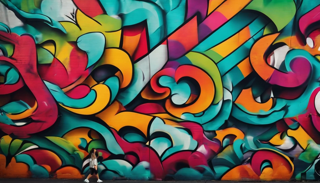 a creative shot of a colorful abstract graffiti wall, showcasing the bold and energetic nature of street art as a dynamic background.