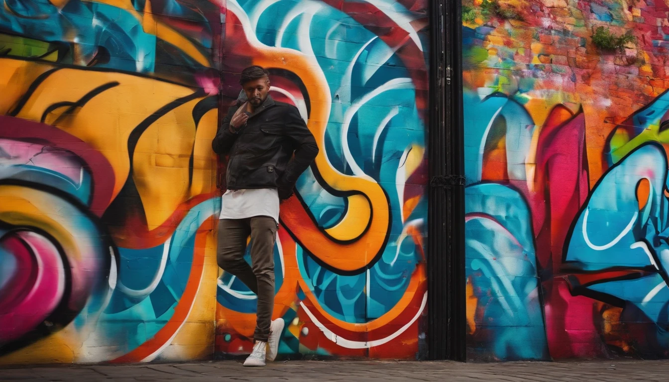 a creative shot of a colorful abstract graffiti wall, showcasing the bold and energetic nature of street art as a dynamic background.