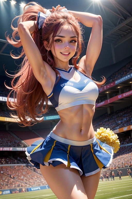 cheeleader,Roupa de Cheerleading,pom poms |,dynamic pose,energetic expression,athletic build,long flowing hair,olhos azuis,sorriso brilhante,alta energia,Stadium background,atmosfera colorida,cores vibrantes,Strobe lights,movimento acelerado,Action shots,melhor qualidade,ultra-detalhado,fotorrealista,Estilo Retrato,tons quentes,luz solar suave