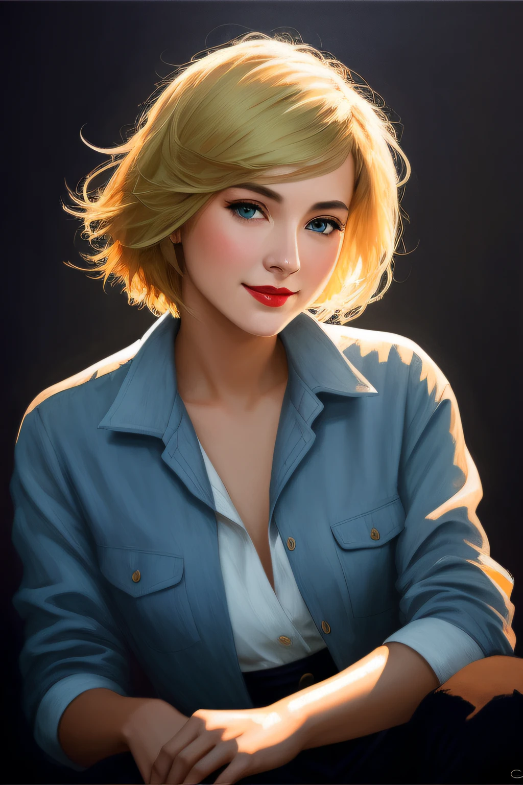 wet shirt, open shirt, blonde hair, short hair, blue eyes, eyeshadow, kneeling, woman, smiling, red lips, nostalgia, sexy, professional majestic oil painting by Mikhail Vrubel, Atey Ghailan, by Jeremy Mann, Greg Manchess, WLOP, Charlie Bowater, trending on ArtStation, trending on CGSociety, Intricate, High Detail, Sharp focus, dramatic, photorealistic, black background, epic volumetric lighting, fine details, illustration, (masterpiece, best quality, highres)