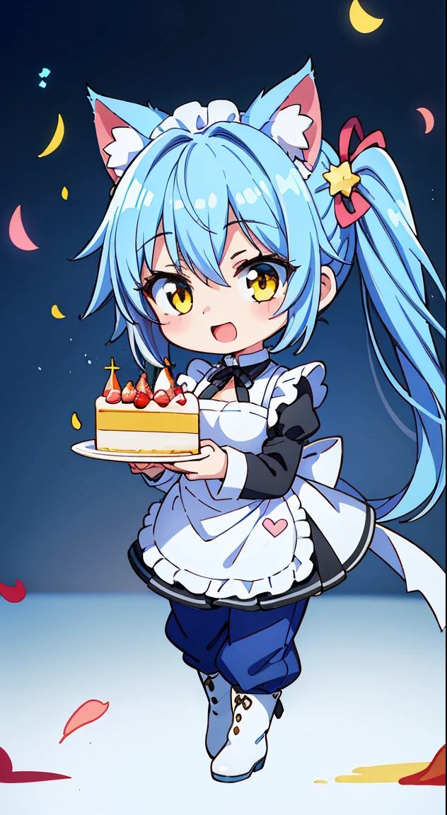 (masutepiece, Best Quality, Perfect Anatomy, High quality:1.4), nice hand, Perfect hands, Detailed beautiful hands, Large_filesize, fulcolor, hight resolution, symmetric, exceptional, Best aesthetic, newest, Anime, very beautiful detailed body and hair and face and eyes, (Chibi, Full body:1.6),
BREAK,
1 beautiful girl, 1 person,Solo,(Cute:1.5),(Chibi:0.6),(kawaii:1.5),(Lori:0.5),(17 years old girl),Very detailed,colourfull,highest details,Clear skin,Beautiful skin,Shy,Very detailed,colourfull,highest details,Clear skin,Beautiful skin,Shy skin,1 beautiful girl,{Yellow eyes:1.9},star eye silhouette, BREAK,(pale blue hair, Medium length:1.4),(Side Ponytail,A little curly hair,Single-sided twisted blade,Princess Cut:1.3),(cleavage of the breast,Large breasts,Beautiful , gleaming skin,Clear skin, Beautiful skin,(best quality face),(Top quality glowing eyes), (The best smile,Doya face:1.45), BREAK (Pink Theme:1.4),
((celebration theme:1.4)), (Cat ears, Golden Eyes, golden eyes of a cat, Black pants, Long pants, Black blouse, maid, maid apronl, White Apron, long boots, Slender girl, Looking at Viewer:1.5), (Black blouse, maid, maid apronl, White Apron, Black pants, Long pants, long boots),
BREAK,(morning), inside in room, (Holding an oversized celebratory whole cake in both hands, Too big celebratory whole cake, Long sleeves, blight:1.5), (Glossy background, White white background, congratulate, carnival, festival, Confetti, flower confetti:1.4),depth of fields,
BREAK,wakame,wakame,wakame,(Cowboy Shot:1.4),
BREAK,(Blurry background:1.3),(absurderes, hight resolution, Super Detail Art),cel shading,Clear Color, Lonely optical effect, Beautiful pictures, Bright glow, mystic atmosphere,(Close-up of girl:1.1), Mystical light particle effect,manga influence, clean line drawings,