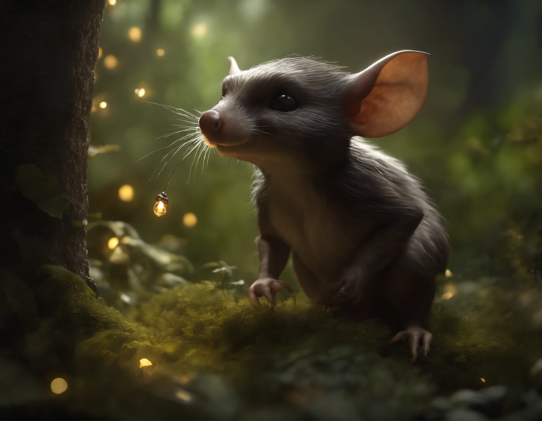 In the cave，Small male goblins, 真实感, Realism, Close up of cute tiny fireflies around a huge oak tree, in the foreground collects bells, the buds glow, illuminate the bush, a detailed painting, cgsociety, Detailed painting, artstation hd, high detail, cgsociety, photo realism, Concept art, artstation hd, official arts, bokeh ,(CBZBB:1.25),trending artstation, Digital Art, Detailed, Realistic, humanoid, character, tiny, Cinematic shot, cinematic portrait of a mole     ,gremlin, mole-like, bright silver and brown, short tail, large ears, covered with silver fur, Dressed, like an assassin, collects glowing mushrooms glow, Best Quality, Masterpiece, in style of dark fantasy art, gremlin, mole-like, dark fantasy style, fairy tale style, fantasy style.