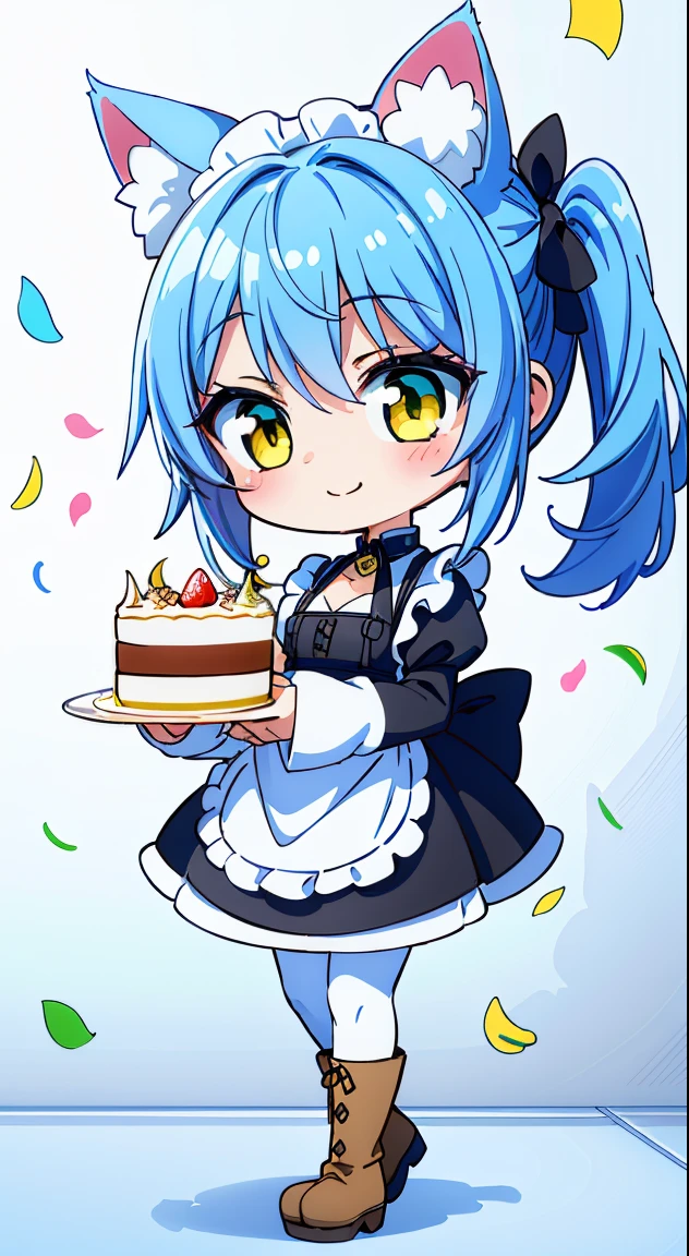 (masutepiece, Best Quality, Perfect Anatomy, High quality:1.4), nice hand, Perfect hands, Detailed beautiful hands, Large_filesize, fulcolor, hight resolution, symmetric, exceptional, Best aesthetic, newest, Anime, very beautiful detailed body and hair and face and eyes, (Chibi, Full body:1.6),
BREAK,
1 beautiful girl, 1 person,Solo,(Cute:1.5),(Chibi:0.6),(kawaii:1.5),(Lori:0.5),(17 years old girl),Very detailed,colourfull,highest details,Clear skin,Beautiful skin,Shy,Very detailed,colourfull,highest details,Clear skin,Beautiful skin,Shy skin,1 beautiful girl,{Yellow eyes:1.9},star eye silhouette, BREAK,(pale blue hair, Medium length:1.4),(Side Ponytail,A little curly hair,Single-sided twisted blade,Princess Cut:1.3),(cleavage of the breast,Large breasts,Beautiful , gleaming skin,Clear skin, Beautiful skin,(best quality face),(Top quality glowing eyes), (The best smile,Doya face:1.45), BREAK (Pink Theme:1.4),
((celebration theme:1.4)), (Cat ears, Golden Eyes, golden eyes of a cat, Black pants, Long pants, Black blouse, maid, maid apronl, White Apron, long boots, Slender girl, Looking at Viewer:1.5), (Black blouse, maid, maid apronl, White Apron, Black pants, Long pants, long boots),
BREAK,(morning), inside in room, (Holding an oversized celebratory whole cake in both hands, Too big celebratory whole cake, Long sleeves, blight:1.5), (Glossy background, White white background, congratulate, carnival, festival, Confetti, flower confetti:1.4),depth of fields,
BREAK,wakame,wakame,wakame,(Cowboy Shot:1.4),
BREAK,(Blurry background:1.3),(absurderes, hight resolution, Super Detail Art),cel shading,Clear Color, Lonely optical effect, Beautiful pictures, Bright glow, mystic atmosphere,(Close-up of girl:1.1), Mystical light particle effect,manga influence, clean line drawings,