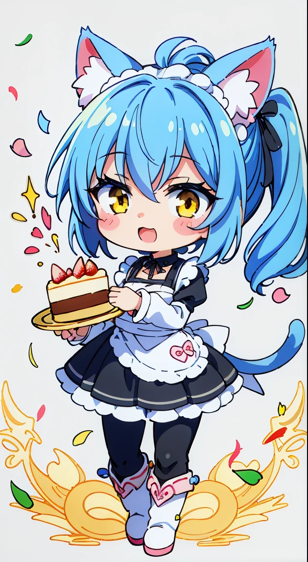 (masutepiece, Best Quality, Perfect Anatomy, High quality:1.4), nice hand, Perfect hands, Detailed beautiful hands, Large_filesize, fulcolor, hight resolution, symmetric, exceptional, Best aesthetic, newest, Anime, very beautiful detailed body and hair and face and eyes, (Chibi, Full body:1.6), 

BREAK,



1 beautiful girl, 1 person,Solo,(Cute:1.5),(Chibi:0.6),(kawaii:1.5),(Lori:0.5),(17 years old girl),Very detailed,colourfull,highest details,Clear skin,Beautiful skin,Shy,Very detailed,colourfull,highest details,Clear skin,Beautiful skin,Shy skin,1 beautiful girl,{Yellow eyes:1.9},star eye silhouette, BREAK,(pale blue hair, Medium length:1.4),(Side Ponytail,A little curly hair,Single-sided twisted blade,Princess Cut:1.3),(cleavage of the breast,Large breasts,Beautiful , gleaming skin,Clear skin, Beautiful skin,(best quality face),(Top quality glowing eyes), (The best smile,Doya face:1.45), BREAK (Pink Theme:1.4),

((celebration theme:1.4)),  (Cat ears, Golden Eyes, golden eyes of a cat, Black pants, Long pants, Black blouse, maid, maid apronl, White Apron, long boots, Slender girl, Looking at Viewer:1.5), (Black blouse, maid, maid apronl, White Apron, Black pants, Long pants, long boots),


BREAK,(morning), inside in room,  (Holding an oversized celebratory whole cake in both hands, Too big celebratory whole cake, Long sleeves, blight:1.5), (Glossy background, White white background, congratulate, carnival, festival, Confetti, flower confetti:1.4),depth of fields,

 BREAK,wakame,wakame,wakame,(Cowboy Shot:1.4), 

BREAK,(Blurry background:1.3),(absurderes, hight resolution, Super Detail Art),cel shading,Clear Color, Lonely optical effect, Beautiful pictures, Bright glow, mystic atmosphere,(Close-up of girl:1.1), Mystical light particle effect,manga influence, clean line drawings,