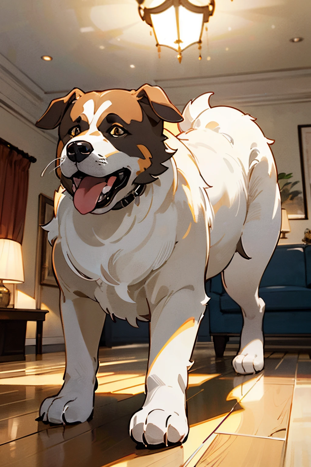 (Masterpiece, Super Detail, High Detail, Best Quality, 8K, Living Room, Home Lighting), (Dog, Large Dog)