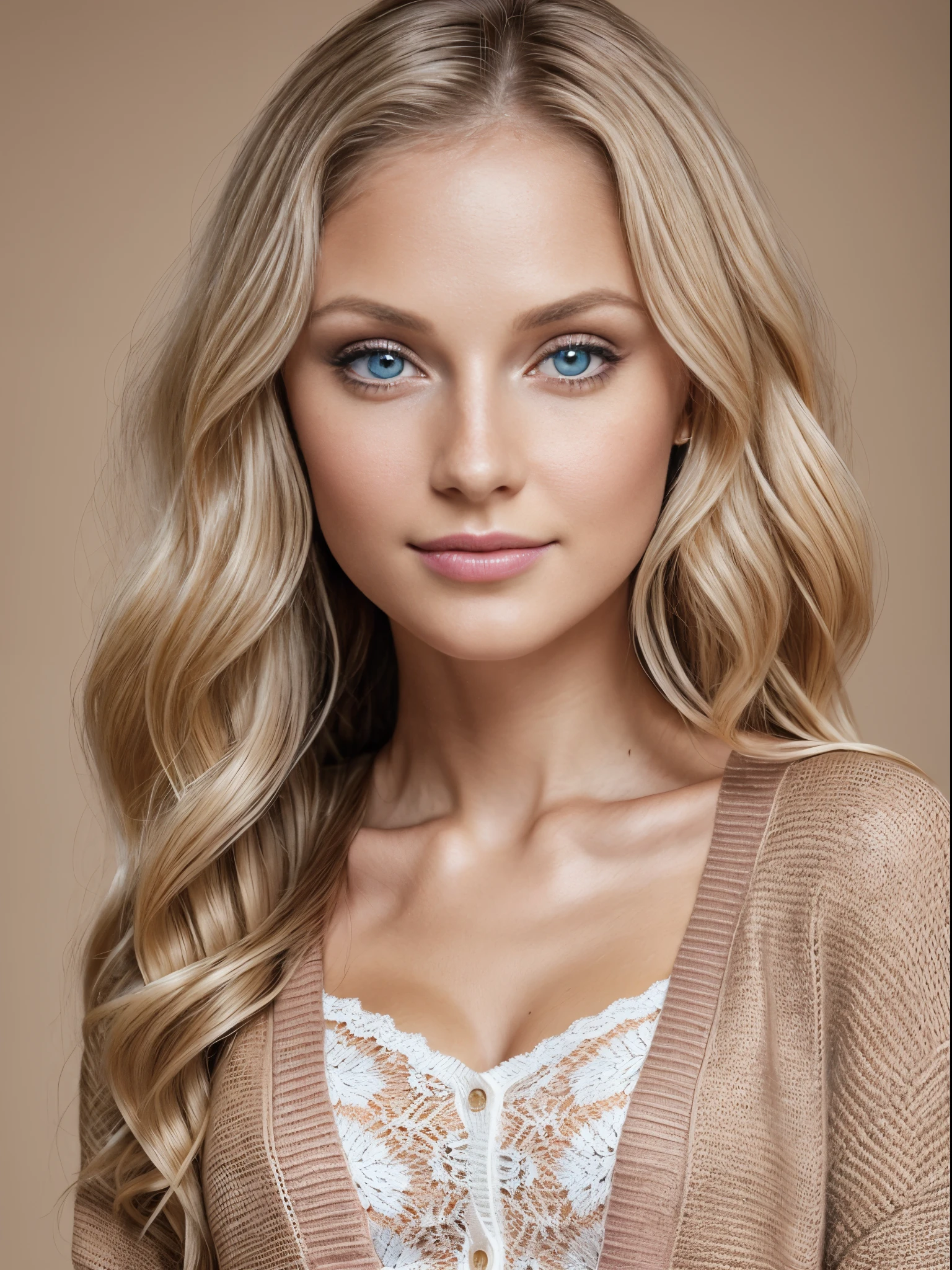(Masterpiece), (Realistic), (Ultra realistic), (best quality), (8K), hires fix, ultra-detailed, UHD, RAW, (1 woman), looking_at_viewer, beautiful+attractive+elegant+cute, (young) beautiful woman, (round_face), clean skin, (tan:1.6), most beautiful woman in the world, most small beautiful European nose, thin nose-shape, very thin nose, short+nose, small+nose, very thin nostrils, prominent high cheekbones:1.3, cheek dimples:1.4, beautiful red lips, big lips, blonde hair, long blonde wavy curly hair, long hair, (round eyes), (big eyes), realistic big blue eyes, (very+thin+eyebrows), (rounded eyebrows), extremely beautiful woman, very attractive, closed smile, black eyeliner, very cute, (wearing a (pink+cardigan+sweater+white_lace)&jeans), white backdrop