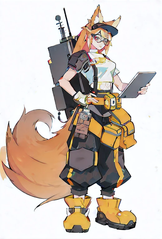 Anime character holding a gun,Put your tablet in your backpack, an anthropomorphic cyberpunk fox, girl fox, as an overwatch character, femele, full body concept, as an overwatch character, Official character art, fox scientist, ( ( concept art of character ) ), Full Body Committee, full body character concept, short full body portrait!