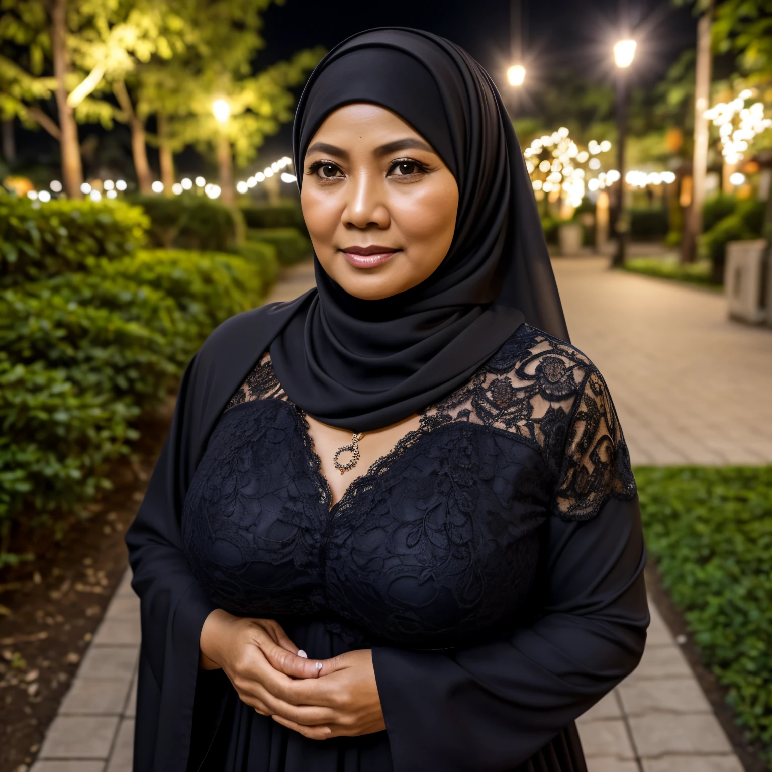 55 Years old, Indonesian mature woman, wearing Wide Hijab, perfect curvy body, natural Huge breast : 48.9, gorgeous eyes, Soft smile, wear a Lace Gamis, necklace, hairband, Nightime walk, City garden, Excellent lighting, Dark colors, Clean lines.