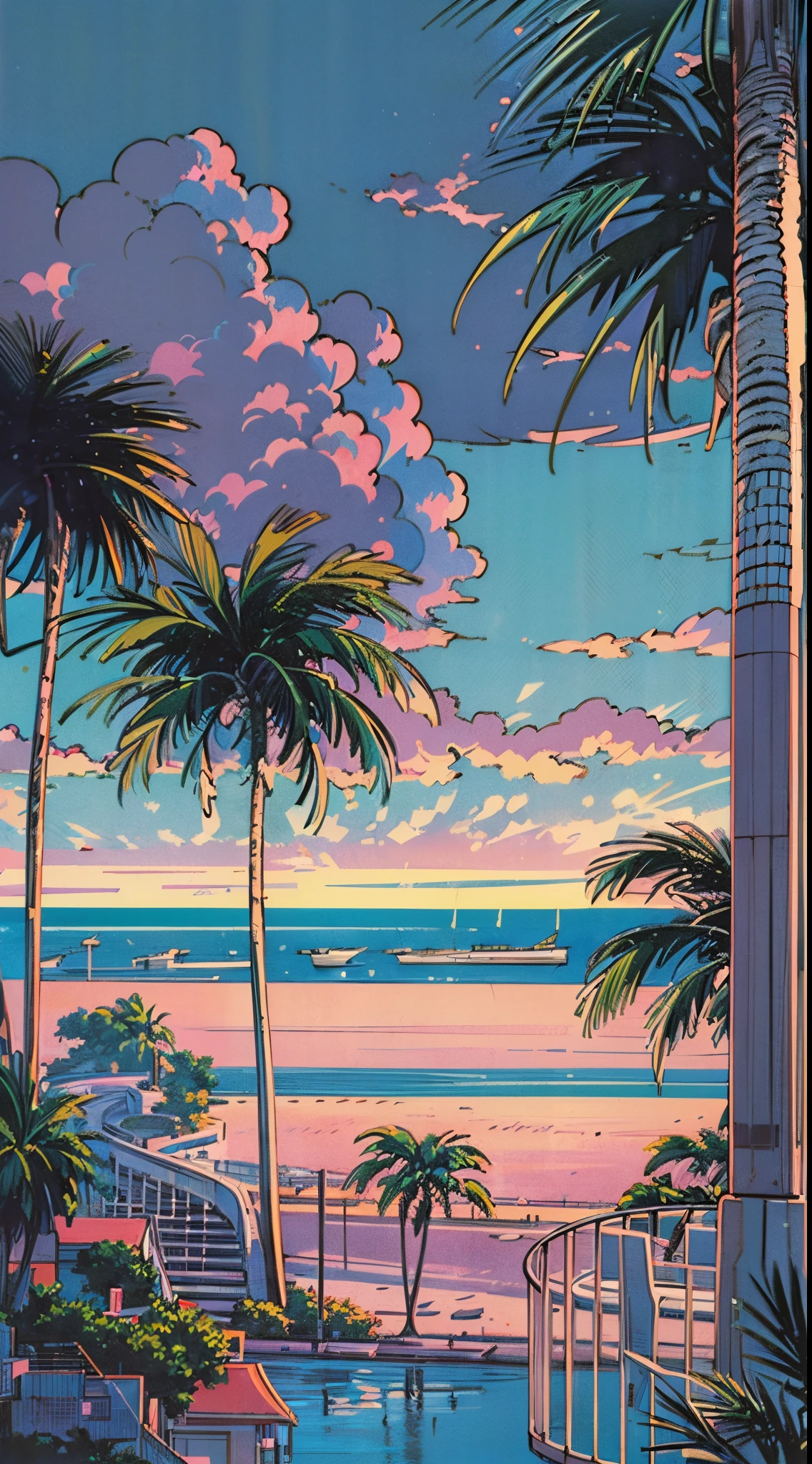 (((Hiroshi Nagai))),Sunset,Faraway view,Palm trees, shores,Abstract,Resort,muted pastel colors,Soft Pictures,retro anime, 1990s anime, 1980s anime, retro anime,Retro anime style,masutepiece, Best Quality, Old School Anime, Beautiful anime