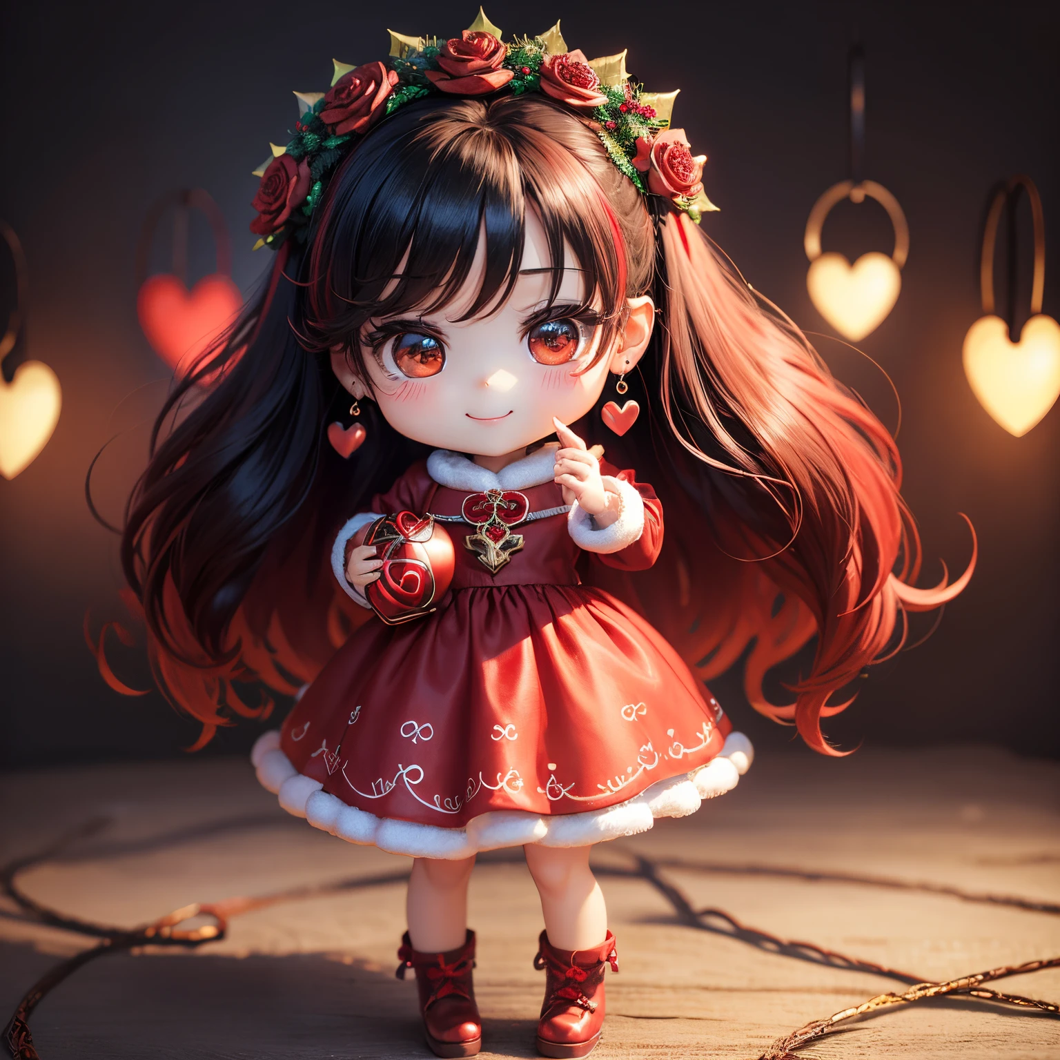 ​masterpiece、top-quality、ultra-detailliert、(Chibi Chara:1.2)、(Red color heart motif earrings:1.3)、Black long-haired、Santa Claus Cosplay、Standing、Open your mouth and smile、illuminations、Christmas Wreath