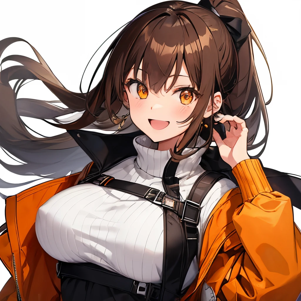 【Highest Quality, masutepiece】 [girl, Manteau, expressioness,deep orange eyes, front facing,dark brown hair,long ponytail hair,yellow knit cloth, Happy, Upper body] (Gray white background:1.2),very happy smile,boobs,