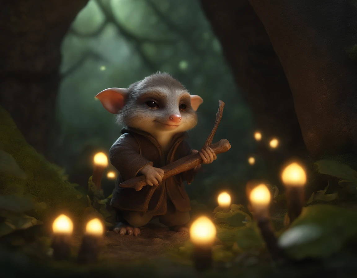 In the cave,Small male goblins, 真实感, Realism, Close up of cute tiny fireflies around a huge oak tree, in the foreground collects bells, the buds glow, illuminate tree roots, morning, , a detailed painting, cgsociety, Detailed painting, artstation hd, high detail, cgsociety, photo realism, Concept art, artstation hd, official arts, bokeh ,(CBZBB:1.25),trending artstation, Digital Art, Detailed, Realistic, humanoid, character, tiny, Cinematic shot, cinematic portrait of a mole ,gremlin, mole-like, bright silver and brown, short tail, large ears, covered with silver fur, wearing a vest with a hood, Dressed, like a killer, collects glowing mushrooms glow, Best Quality, Masterpiece, in style of dark fantasy art, gremlin, mole-like, dark fantasy style, Fairytale style, fantasy style, assassin style, style of the Middle Ages,