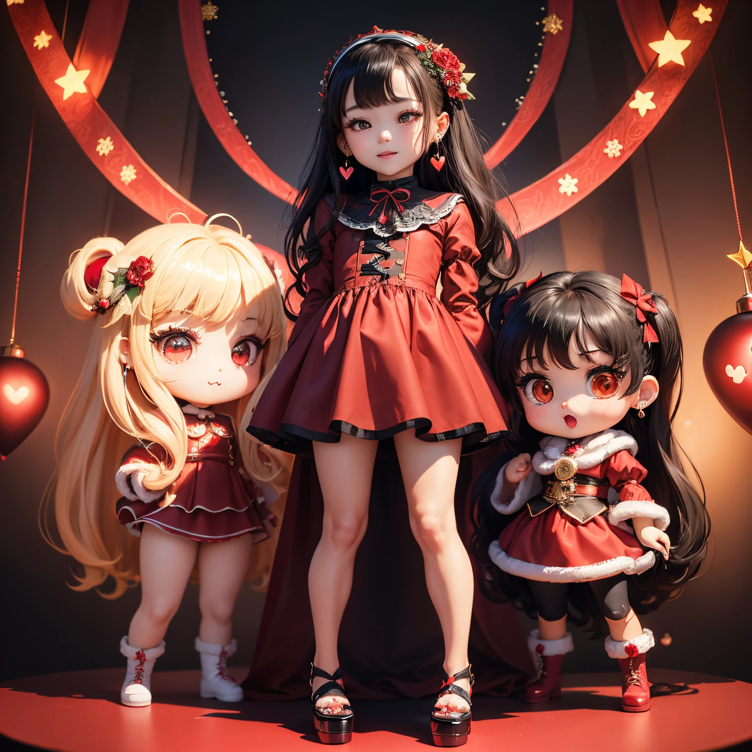 ​masterpiece、top-quality、ultra-detailliert、(Chibi Chara's Daughter:1.2)、(Red color heart motif earrings:1.3)、Black long-haired、Santa Claus Cosplay、Full-body standing figure、Open your mouth and smile、illuminations、Christmas Wreath