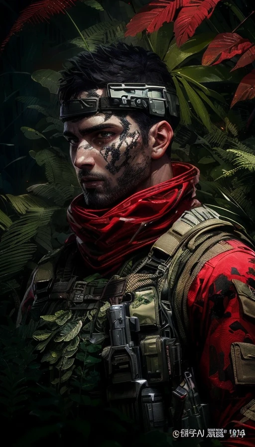 Arafad soldier with red scarf and gun in jungle, Unreal 5. RPG portrait, Male warrior in the forest, Anton Faev 8K, Wojtechfors, Rendu portrait 8k, 4K posts, 4K posts, Close-up portrait shoot, number art #one shot game, binh, ultra detailed game art, portrait of a soldier