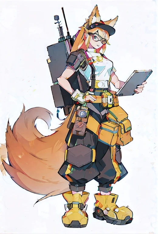 Anime character holding a gun，Put your tablet in your backpack, an anthropomorphic cyberpunk fox, girl fox, as an overwatch character, femele, full body concept, as an overwatch character, Official character art, fox scientist, ( ( concept art of character ) ), Full Body Committee, full body character concept, short full body portrait!