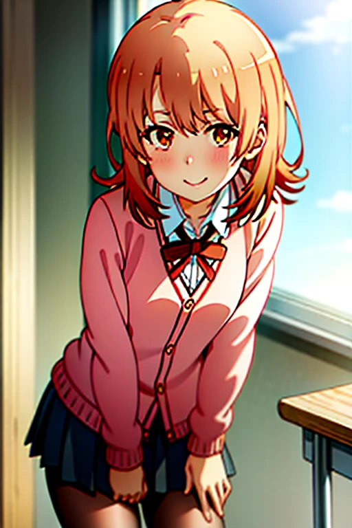 (iroha:1.5), masterpiece, top-quality, absurderes, 1girl in, looking at the viewers, is standing, desk work, Classroom, Yuki, 校服, Pink cardigan, A smile, natta,White pantyhose