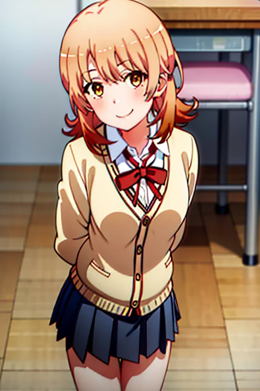 (iroha:1.5), masterpiece, top-quality, absurderes, 1girl in, looking at the viewers, is standing, desk work, Classroom, Yuki, 校服, Pink cardigan, evil smile, leaning-forward, natta,Black tights
