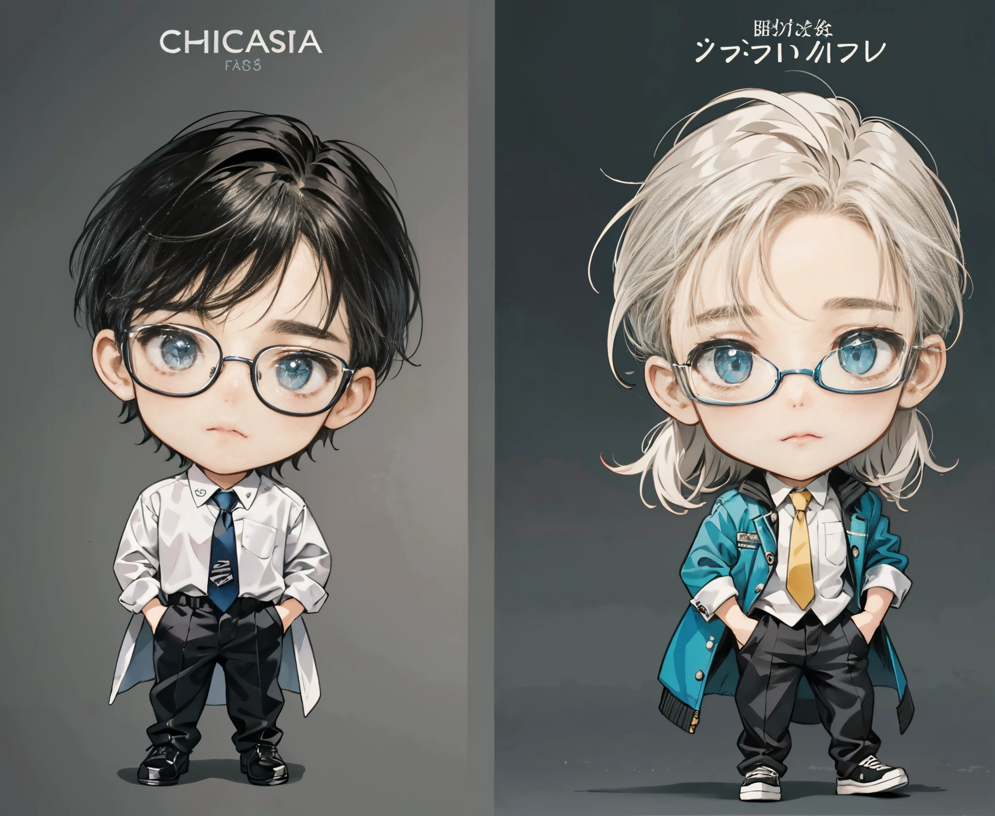 cartoon wearing glasses、boy in shirt and boy in tie, chibiStyle, official fan art, [ number art ]!!, comic strip, High-quality fanart, wireless, cute boys, adorable digital art, Official illustration, in the art style of bowater, Everyone wears period-appropriate clothes, !!full-body portraits!!, number art!!, cute artwork