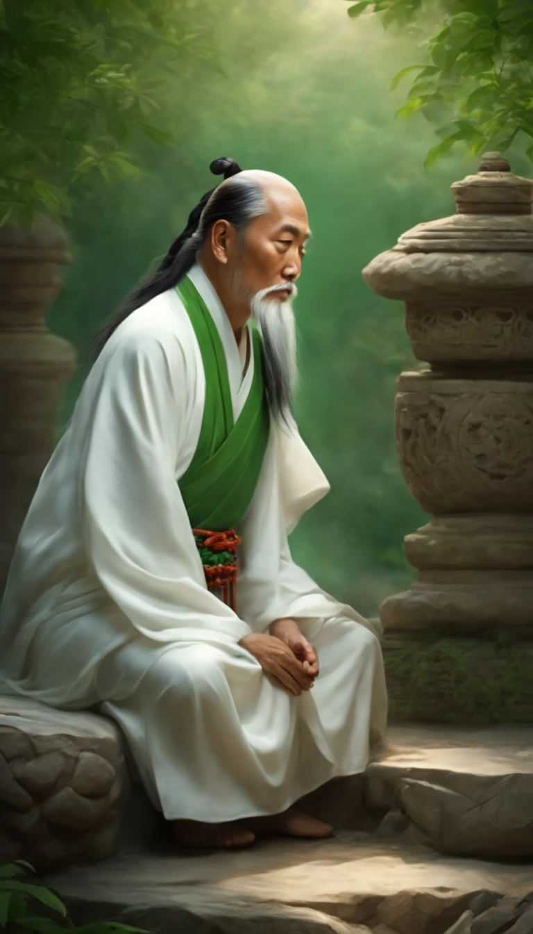 A Taoist priest has an immortal demeanor,Sitting on the stone in white clothes,Green background