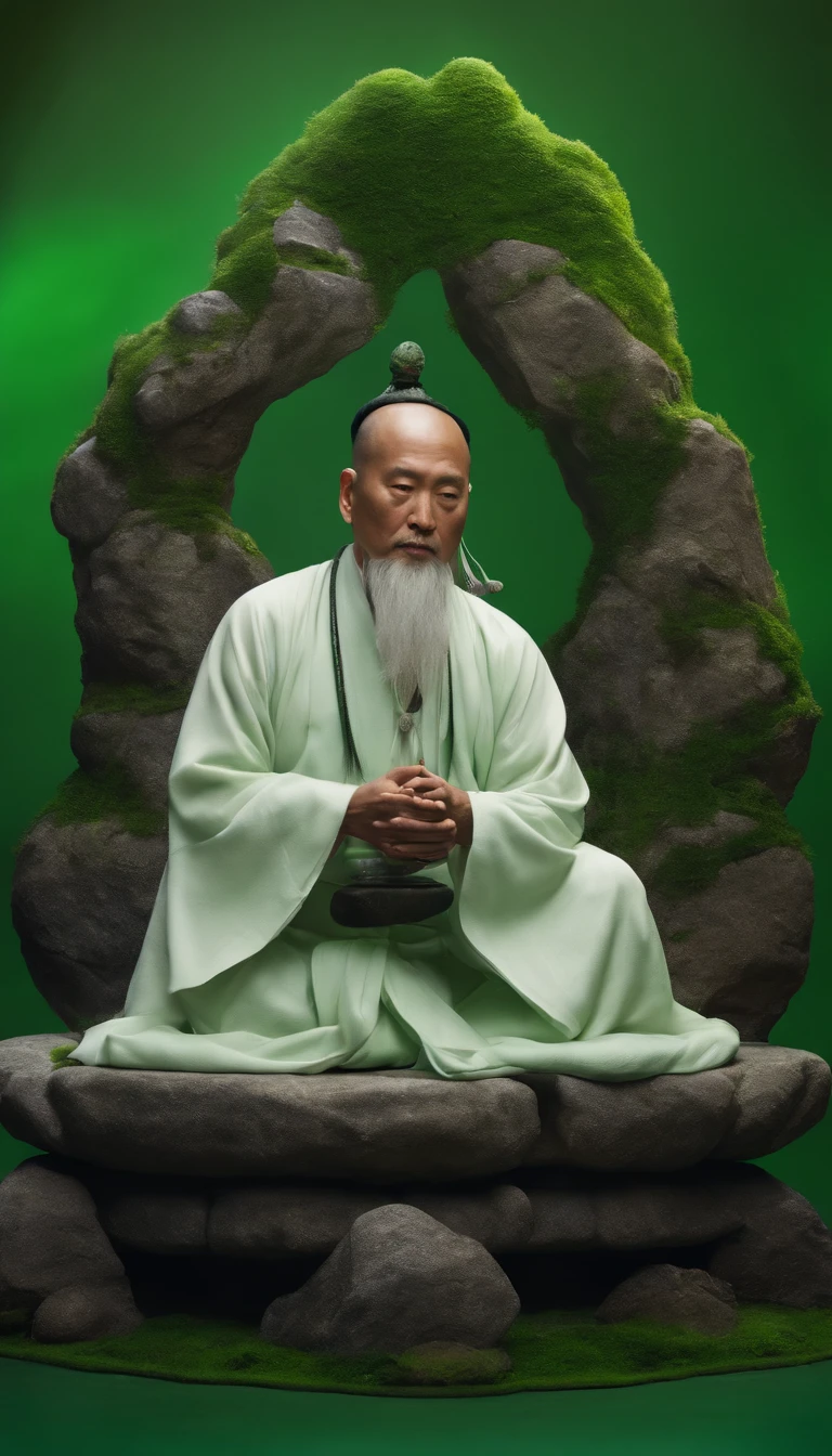 A Taoist priest has an immortal demeanor,Sitting on the stone in white clothes,Green background