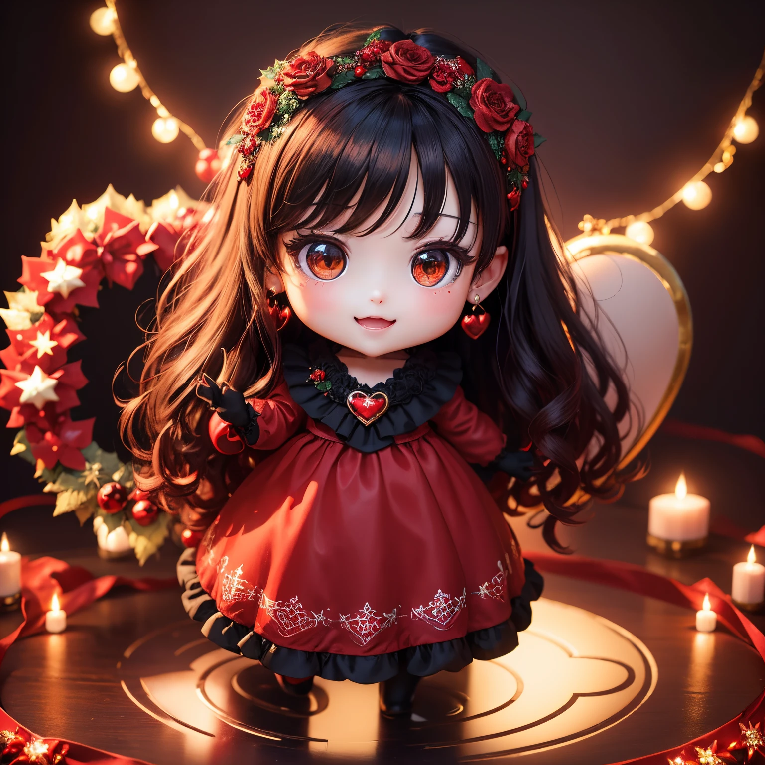 ​masterpiece、top-quality、ultra-detailliert、(Chibi Chara:1.2)、(Red color heart motif earrings:1.3)、Black long-haired、Santa Claus Cosplay、Standing、Open your mouth and smile、illuminations、Christmas Wreath