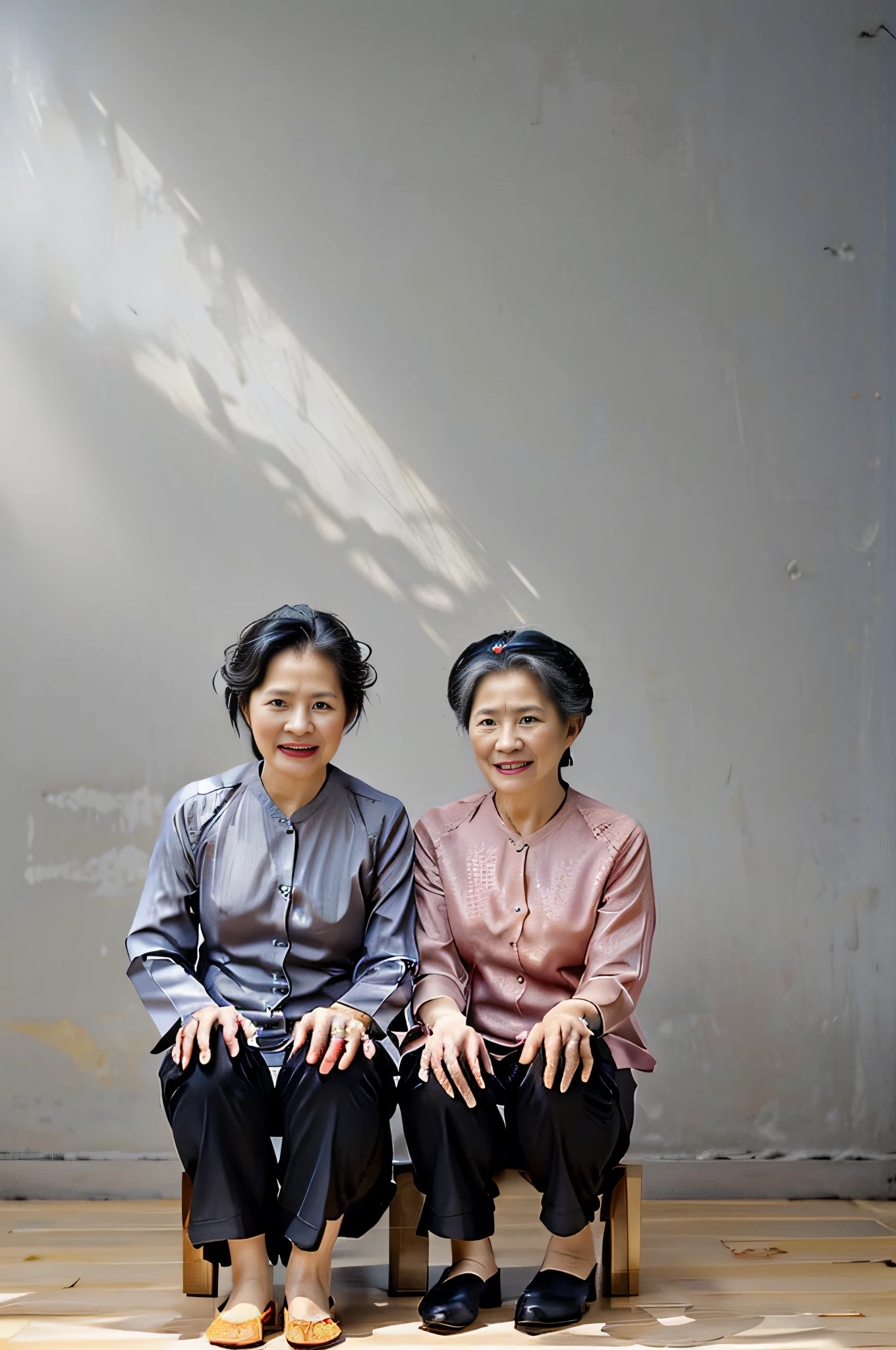 ((masterpiece), (best quality), (raw photo), (photorealistic:1.4), Highly realistic photo, Portrait of 2 people 75 years old Vietnamese old women, ((baba vietnames nude colour shirt)) (black trousers), ((gray hair)), The light from above shines down, dark blue background, photo taken in 1975 by Fujifilm XT3