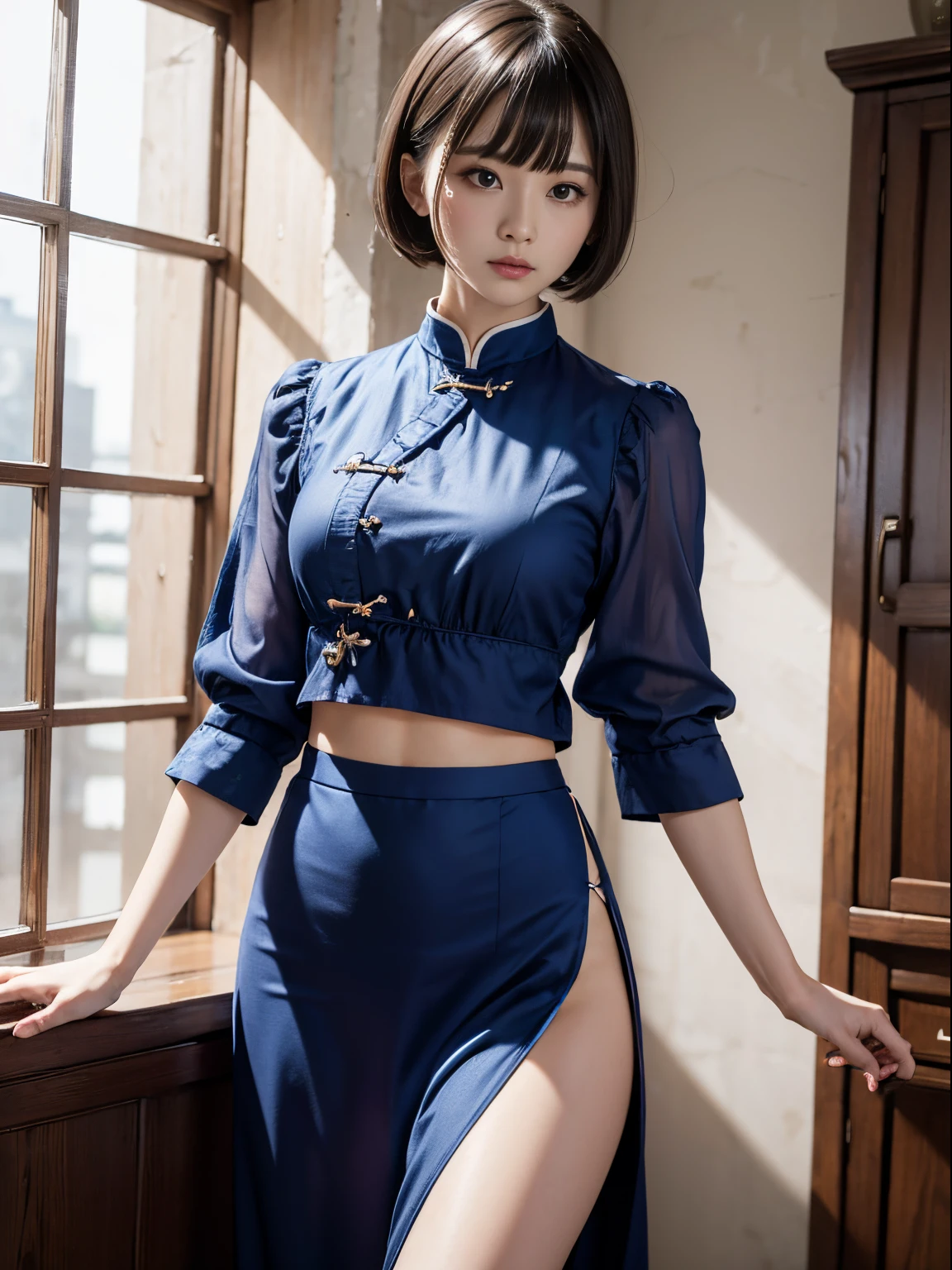 ​masterpiece、ultra-detailliert、8K、Shorthair with bangs、Blue china clothes、Long long skirt、Exposing thighs