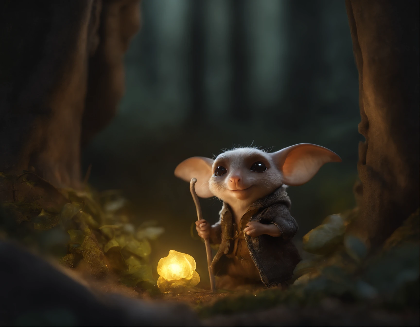 In the cave,Small male goblins, 真实感, Realism, Close up of cute tiny fireflies around a huge oak tree, in the foreground collects bells, the buds glow, illuminate tree roots, morning, , a detailed painting, cgsociety, Detailed painting, artstation hd, high detail, cgsociety, photo realism, Concept art, artstation hd, official arts, bokeh ,(CBZBB:1.25),trending artstation, Digital Art, Detailed, Realistic, humanoid, character, tiny, Cinematic shot, cinematic portrait of a mole ,gremlin, mole-like, bright silver and brown, short tail, large ears, covered with silver fur, wearing a vest with a hood, Dressed, like a killer, collects glowing mushrooms glow, Best Quality, Masterpiece, in style of dark fantasy art, gremlin, mole-like, dark fantasy style, Fairytale style, fantasy style, assassin style, style of the Middle Ages,