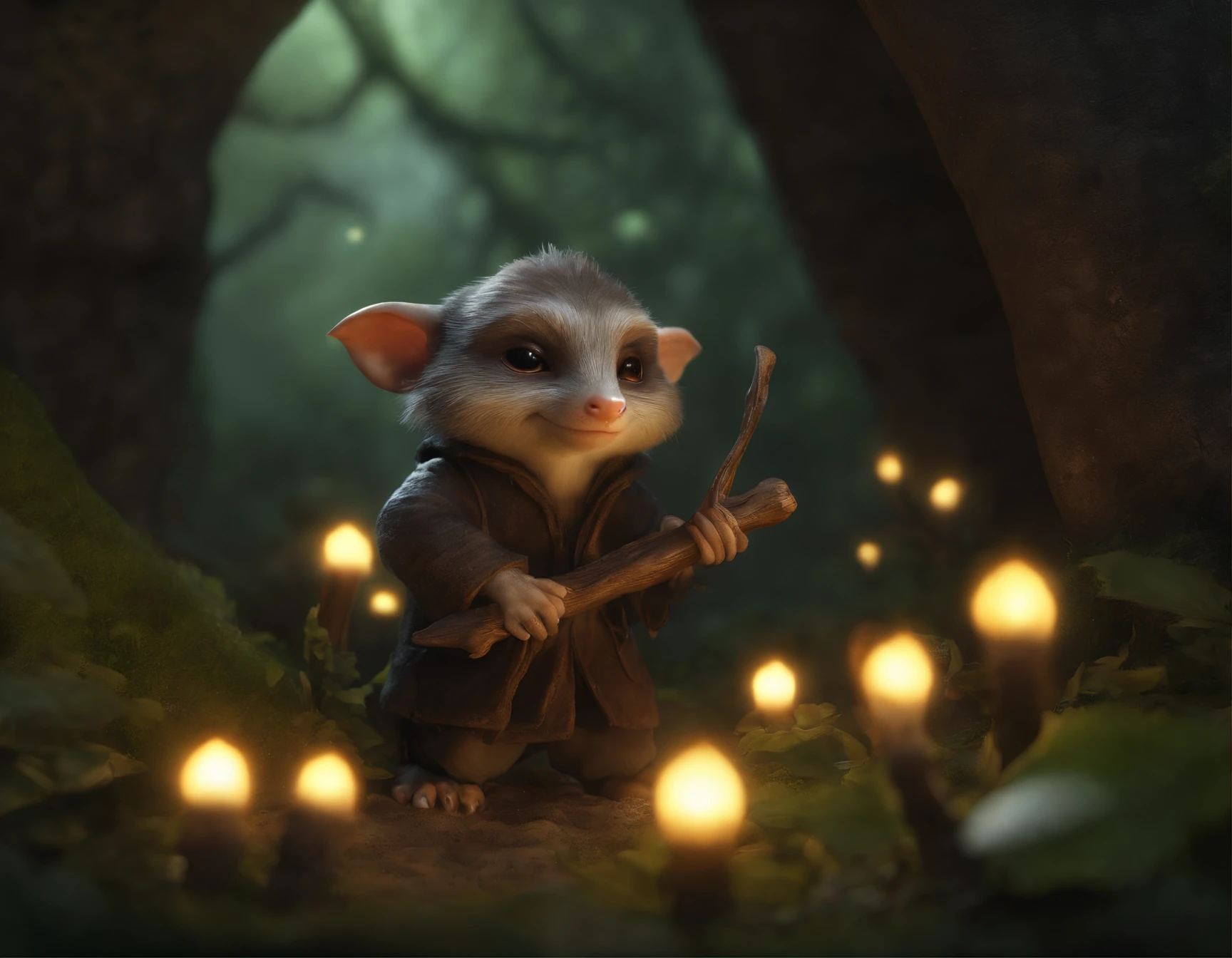 In the cave，Small male goblins, 真实感, Realism, Close up of cute tiny fireflies around a huge oak tree, in the foreground collects bells, the buds glow, illuminate tree roots, morning, , a detailed painting, cgsociety, Detailed painting, artstation hd, high detail, cgsociety, photo realism, Concept art, artstation hd, official arts, bokeh ,(CBZBB:1.25),trending artstation, Digital Art, Detailed, Realistic, humanoid, character, tiny, Cinematic shot, cinematic portrait of a mole     ,gremlin, mole-like, bright silver and brown, short tail, large ears, covered with silver fur, wearing a vest with a hood, Dressed, like a killer, collects glowing mushrooms glow, Best Quality, Masterpiece, in style of dark fantasy art, gremlin, mole-like, dark fantasy style, Fairytale style, fantasy style,  assassin style, style of the Middle Ages,