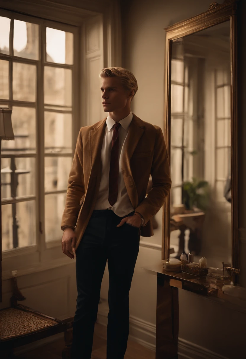 The image is of Bill standing in front of a mirror, trying on different outfits, looking frustrated and unsure.,original,In his early to mid-20s, Bill's appearance mirrors his internal struggles—short, light brown to blonde hair, soft features on a tall frame. , male