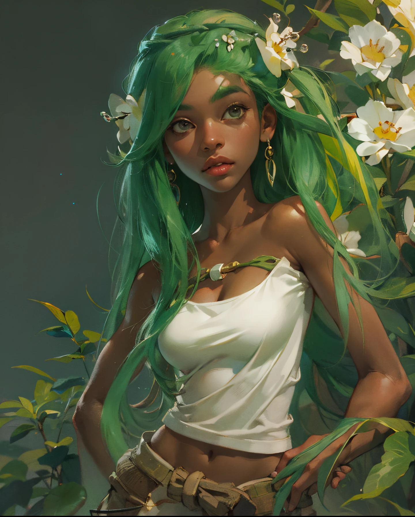 Amalia, wakfu, dofus, game, sadida, dark skin female, 1 girl, long green hair, a plant woman, white top and green shorts, a white flower in her hair, white background, (best quality,4k,8k,highres,masterpiece:1.2), ultra-detailed, (realistic,photorealistic,photo-realistic:1.37), portraits, vivid colors, studio lighting