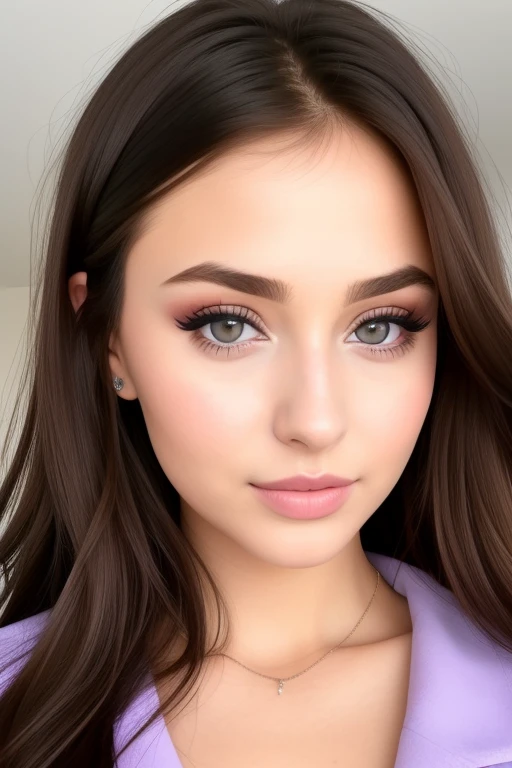 arafed frau voll , Girl with brown eyes, ultra realistisch, Akribisch detailliert, portrait sophie mudd, brown hair and big eyes, Selfie einer jungen Frau, Dubai Augen, Violet Myers, ohne Make-up, Natural makeup, Blick direkt in die Kamera, Gesicht mit Artgram, dezentes Make-up, Stunning full body shot, die auf dem Bett kniet, im Schlafzimmer, medium to large bust size