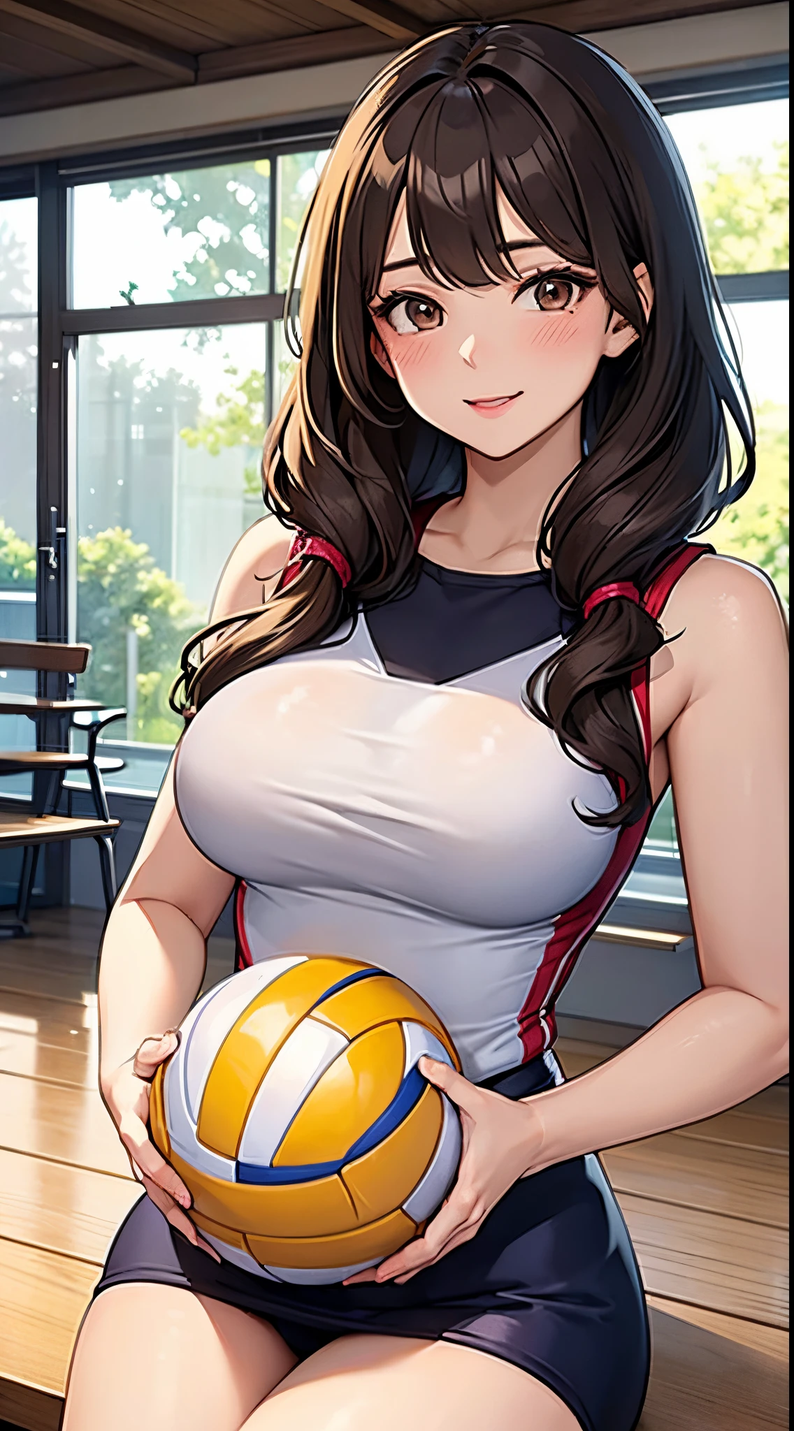 1 Lady Solo, /(Volleyball uniform/), /(dark brown hair/) Bangs, A light smile with a blush, (masterpiece best quality:1.2) Ultra-detailed delicate illustrations, Big breasts Break /(Indoor volleyball court/)